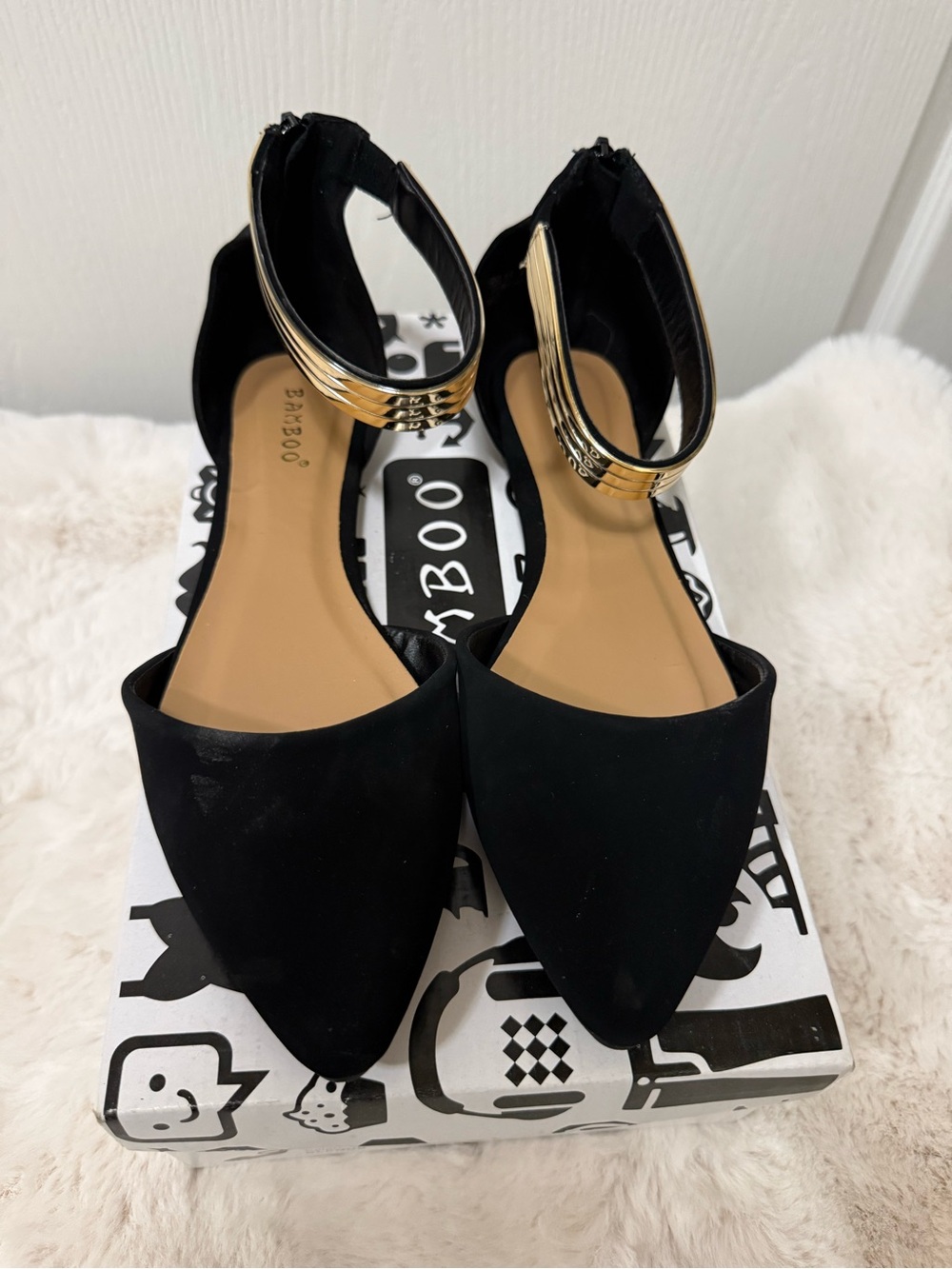 BAMBOO Black Pointed Toe Ankle Strap Flats with Gold Cuff
